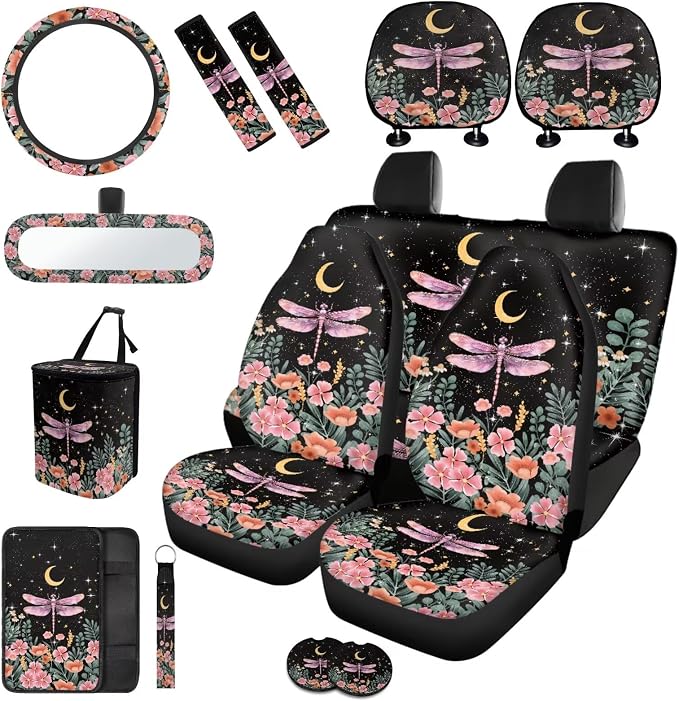 17 Pack Dragonfly Car Seat Covers Full Sets for Women,Starry Sky Dragonfly Car Interior Aaccessories with Pink Head Rest Covers,Steering Wheel Cover,Seat Belt Cover Pad,Armrest Pad,Cup Mats