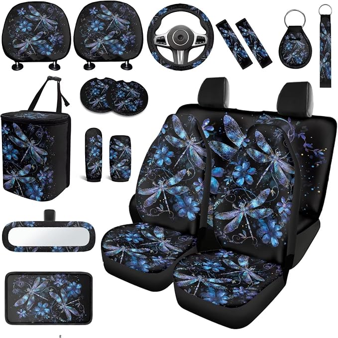 Dragonfly Car Seat Covers Full Set of 18 Pcs Blue Dragonfly Car Accessories Full Set with Steering Wheel Car Covers Cars Headrest Covers Auto Trash Bag Armrest Box Pad,Easy to Install