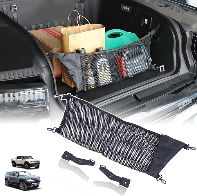 Front Trunk Storage Cargo Net for Hummer EV SUV Pickup Truck Accessories 2022-2024 2025 2026 Expandable Elastic Heavy Duty Trunk Storage Organizer Mesh with 4 Metal Carabiners(Envelope Style)