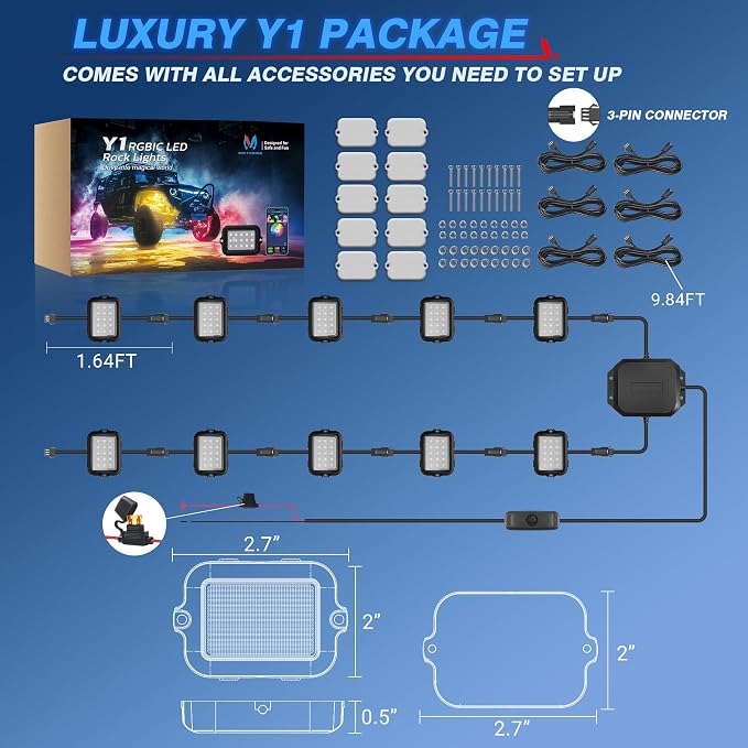 MICTUNING Y1 RGB+IC Dream Chasing Color Ultra-Bright 10 Pods LED Rock Light | Wiring Switch Kit, Extra Extension, Bluetooth APP Control, Extensible to 24 Pods, IP68 Waterproof, Series & Parallel Wiring