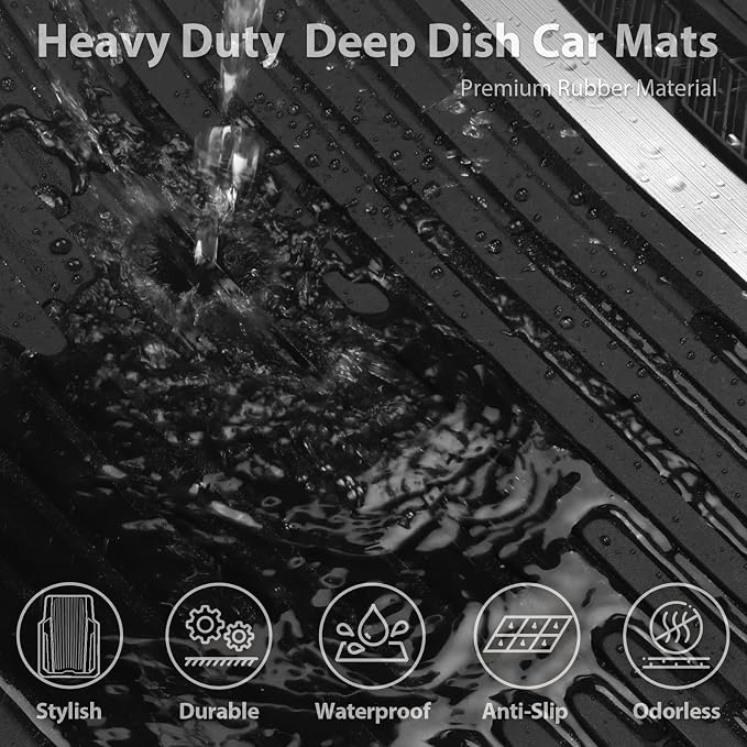 CAR PASS Heavy Duty Rubber Car Mats Metallic, Aluminum Film All Weather Floor Mats Waterproof Universal Trim to Fit for SUV Sedan Van 4 Piece Deep Dish Two-Tone Sporty Black Silver Chrome