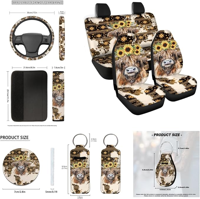 INSTANTARTS Ethnic Highland Cow Sunflower 13 Piece Car Seat Cover Set Car Front Rear Seat Covers + Lipstick Sleeve + Keychain + Seat Belt Pads + Steering Wheel Cover Car Accessories