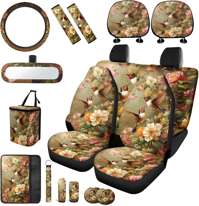 Hummingbird Flower Car Seat Covers Full Set 17 Pack for Women Car Accessories Set with Auto Head Rest Covers,Trash Can Bin for Back Seat Leak Proof,Seat Belt Cover Pad,Cup Coasters