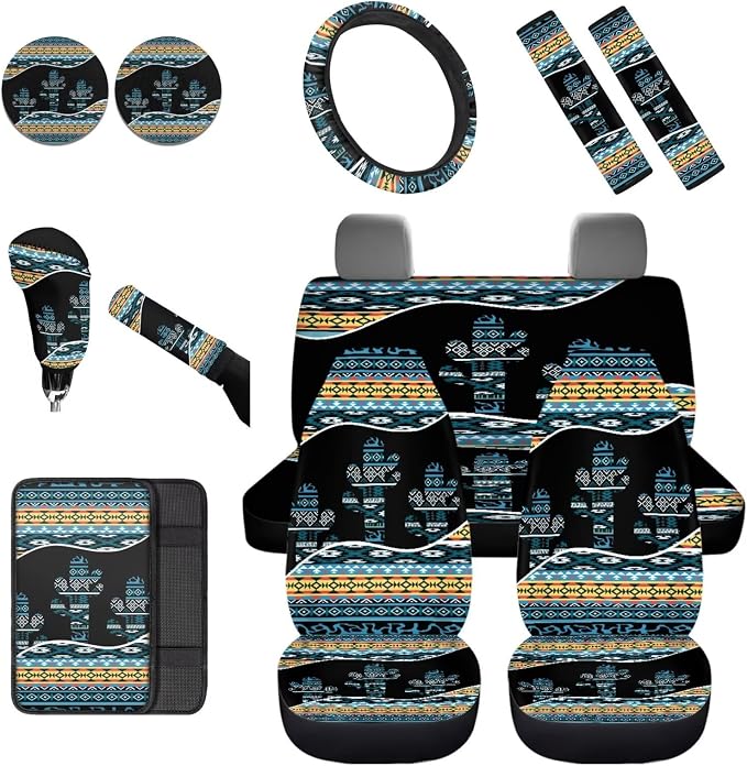 Dreaweet Car Seat Covers Full Set with Steering Wheel Cover Armrest Pad Covers Seat Belt Pads Cup Holders Handbrake Cover Set of 12 Aztec Cactus Car Accessories Interior Universal for SUV Trucks Sedan