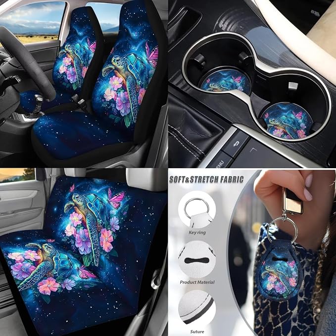 Sea Turtle Car Cover Seats Full Set with Steering Wherl Cover Seat Belt Cover Pad Turtle Flower Car Accessories Set 17 Pcs Car Floor Mats Set of 4 Auto Supplies for Women,Universal Fit