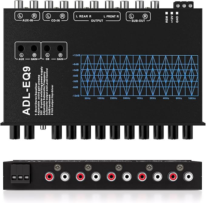 Facmogu 9-Band Car Audio Equalizer, Car Graphic Equalizer EQ W/Front, Rear + Sub Output, 8V RMS Line Driver, Adjustable Audio Output for Car, Boat, W/CD/AUX Input Select & White Light Illumination
