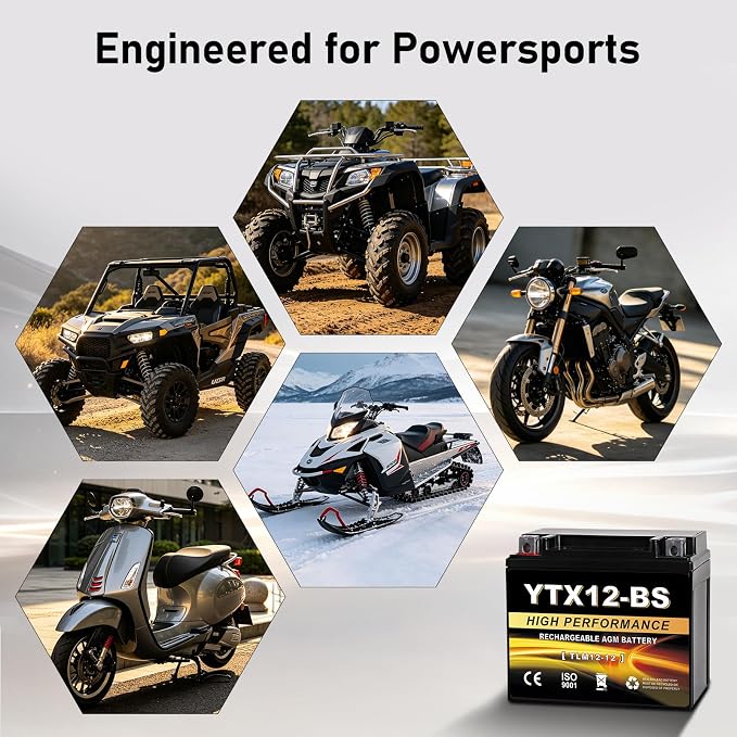 YTX12-BS 12V 10Ah AGM Sealed Motorcycle Battery, Maintenance-Free, Compatible with Honda Kawasaki Suzuki Yamaha Powersports