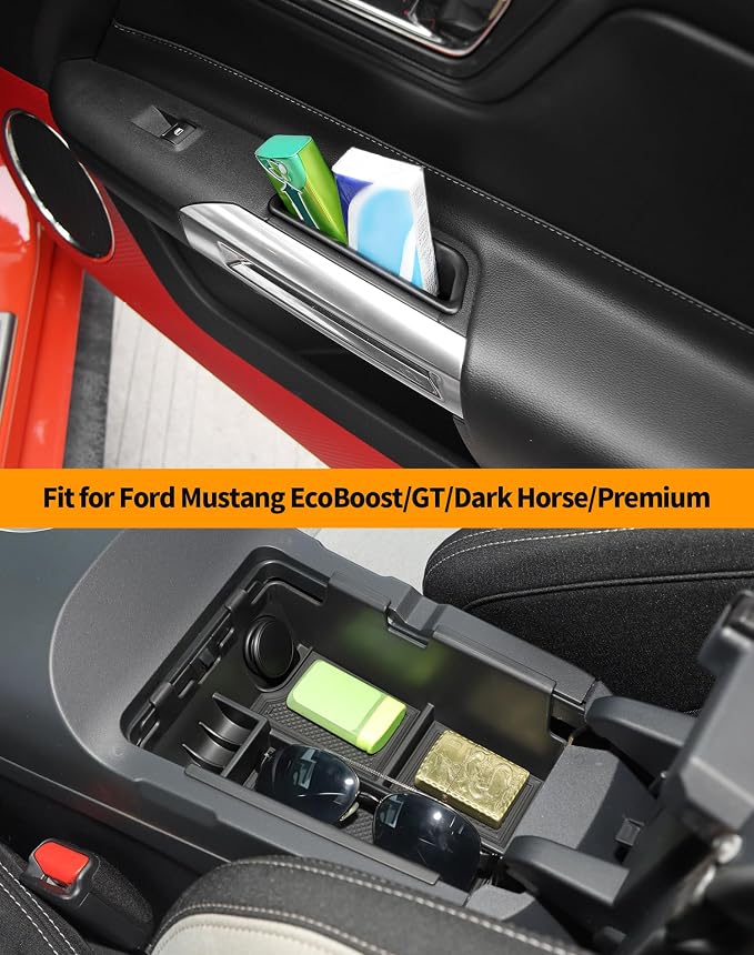 Hoolcar for 2024 2025 2026 Ford Mustang Center Console Organizer Tray for Mustang Armrest Storage Box Insert for EcoBoost/GT/Dark Horse/Premium Door Handle Storage Box + Center Console Tray(2 Pack)