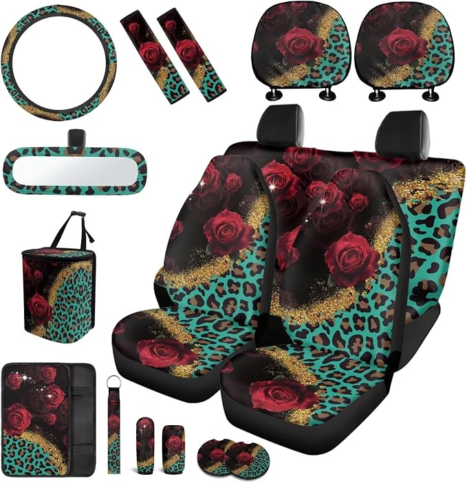 Leopard Print Car Seat Covers Full Sets with Front and Split Rear Bench,Red Rose Car Accessories Set 17 Pack,Leopard Print Vehicle Interior Set Decor with Headrest Covers,Car Seat Belt Cover