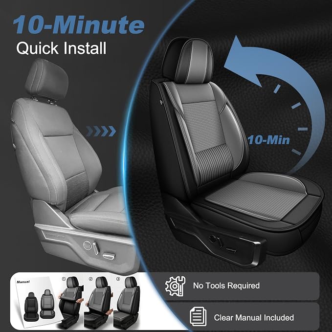 for Ford F150 2009-2026 Seat Covers F250 F350 F450 2017-2026 | Super Duty Truck Faux Leather Ice Silk XL XLT Lariat Platinum SuperCrew STX Extended Cab Trims (5 Seats, Black & Grey)