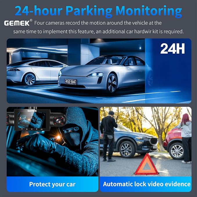 360 Degree View 4 Channel Dash Cam 5G WiFi & APP Control, GEMEK 2K Front and Rear Inside, Left Right Dash Camera for Cars Free 64GB TF Card, G-Sensor, Night Vision, 24H Parking Mode