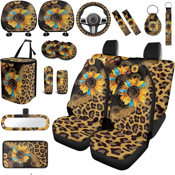Leopard Sunflower Print Car Seat Covers Full Sets of 18 Pack Sunflower Print Car Interior Accessories Sets with Belt Pads Cover Car Headrest Covers Auto Trash Bag Steering Wheel Cover