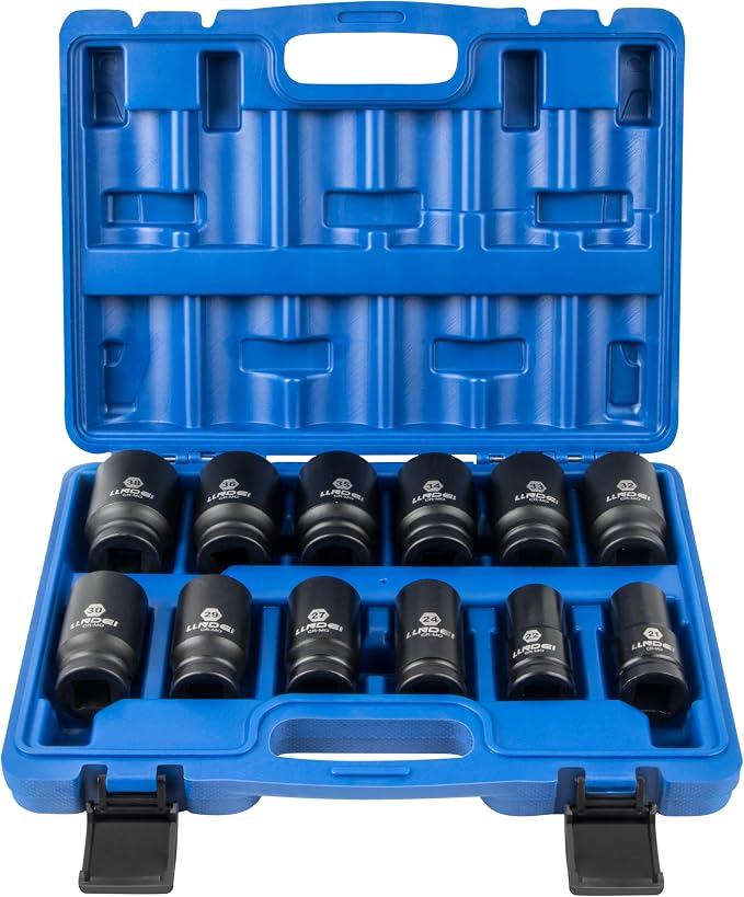 LLNDEI 3/4 inch Drive Impact Socket Set, 12 Piece Heavy Duty CR-MO Deep/Jumbo Sockets 6 Point Design, SAE 3/4" to 1-9/16", for Large Vehicle and Apparatus Maintenance