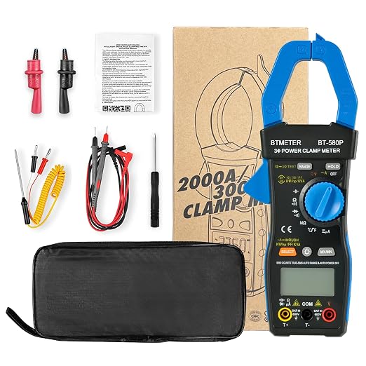 BTMETER 3-Phase True-RMS Power Clamp Multimeter with 9999 Counts, AC/DC Voltage & Amperage, KW/HP, Power Factor, KVA/VAR, Inrush Current & Temperature Test, Electrical Teste 580P