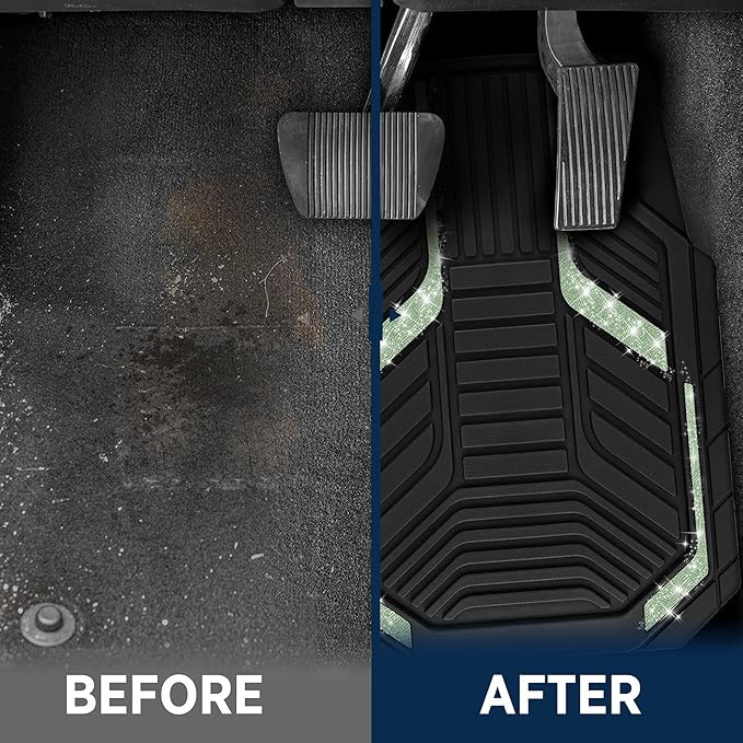 PIC AUTO Car Floor Mats, Green Sparkly Crystal Bling Glitter Car Mats Set, Front and Rear Heavy Duty Rubber Car Mats with Anti-Slip Backing, All Weather, Trim-to-Fit for Automotive SUVs, Sedan, Vans