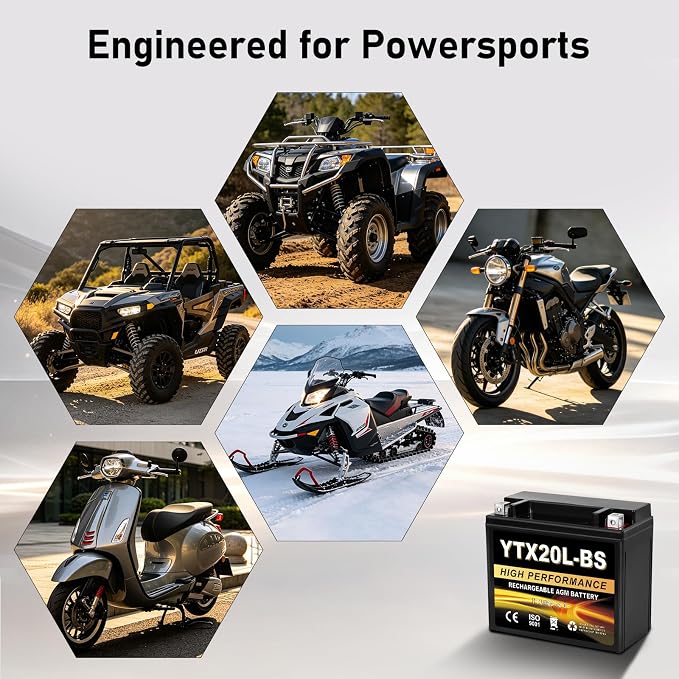 YTX20L-BS 12V 20Ah AGM Sealed Motorcycle Battery, Maintenance-Free, Compatible with ATV UTV Snowmobile Honda Gold Wing GL1800, TRX680, VTX1800