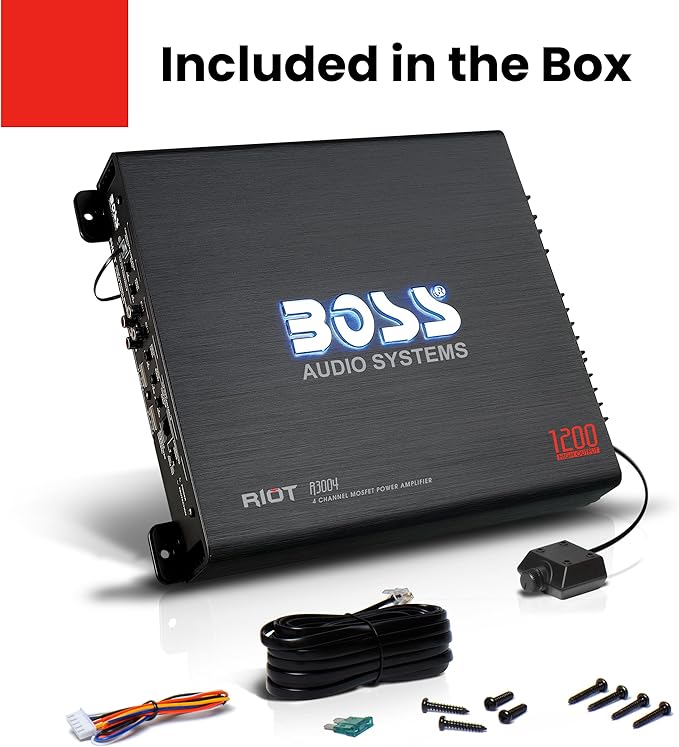 BOSS Audio Systems R3004 4 Channel Car Amplifier - 1200 Watts, 2/4 Ohm Stable, Class A/B, Full Range, Bridgeable, MOSFET Power Supply, Remote Subwoofer Control
