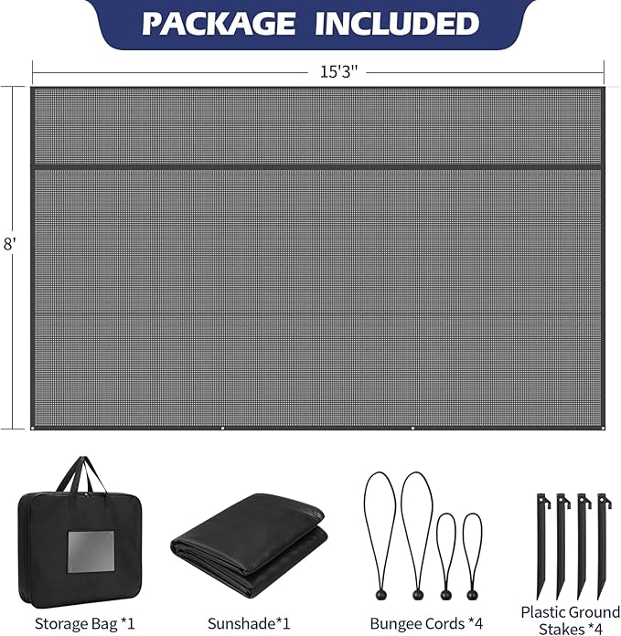 NAIMORUI RV Awning Shade Screen with Zipper, 8'X15'3" RV Awning Front Shade Screen, Black Mesh UV Blocker Sunshade Complete Kits for RV Camper Motorhome Trailer, Black