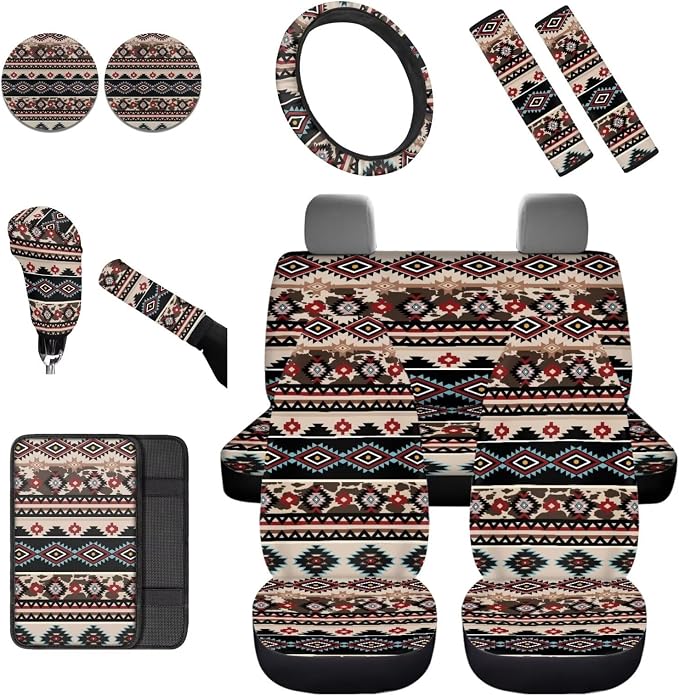 Dreaweet Southwestern Tribal Car Seat Covers Full Set Navajo Geometric Decor Front and Back Seat Covers with Steering Wheel Cover,Armrest Pads,Seat Belt Pads,Coasters,Gear Shift & Handbrake Cover