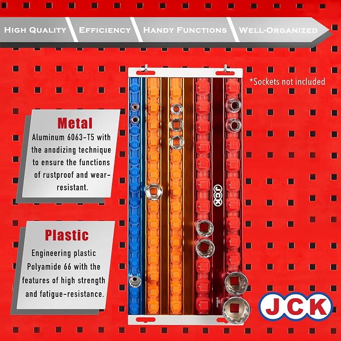 JCK Professional Quality Aluminum 3 Size of Socket Organizer Tray 5 rails | Holds 68 Sockets | 360° Rotary Positioning Studs, Moveable Secure, Socket Rack Kit,1/4 3/8 1/2 Socket Tray