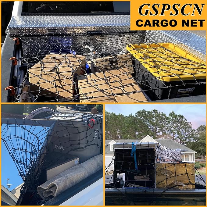 GSPSCN Truck Cargo Net 7' x 5' for Pickup Bed, Trailer,Boat,RV SUV Stretches to 15'x21' Max Heavy Duty Roof Rack Net,Small 5”x5” Mesh Netting w/24 Clip Carabiners Car Organizer Net for Large Loads
