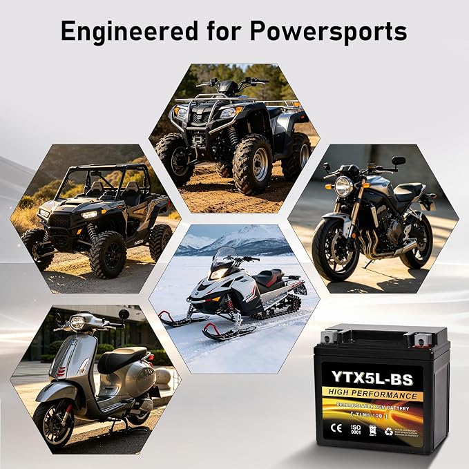 YTX5L-BS 12V 4Ah AGM Sealed Motorcycle Battery, Maintenance-Free, Compatible with Honda YUASA Yamaha ETX5L-BS Batteries
