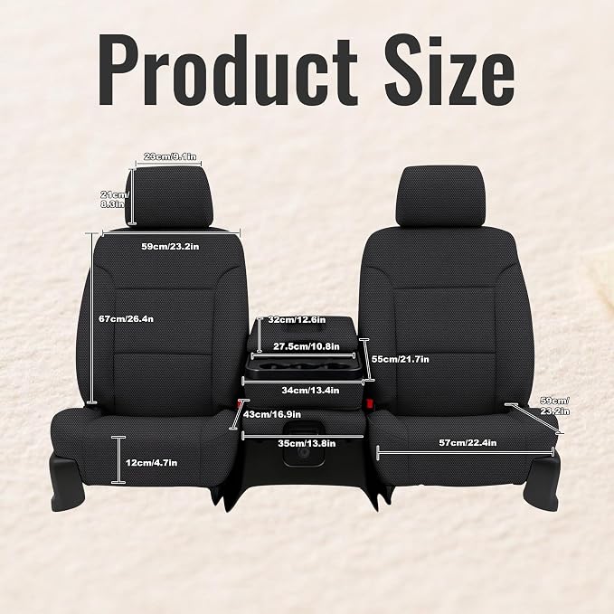 Thickened Composite Fabric Front Seat Covers for Chevy Silverado & GMC Sierra 1500 2015 2016 2017 2018 Durable Cloth Composite Foam with Headrest and Console Covers- Black
