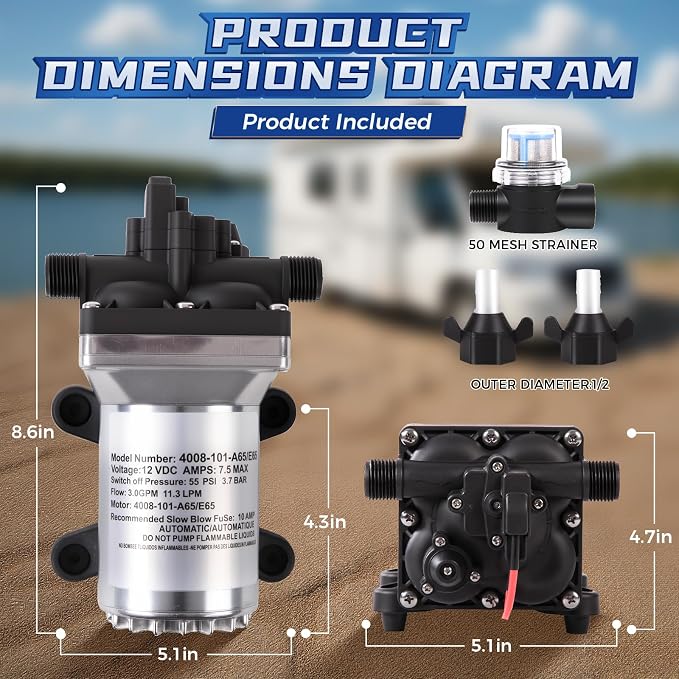 12V RV Water Pump 4008-101-A65/E65 | 3.0 GPM - 55 PSI | Camper RV Water Pump | Self-Priming & Quiet Diaphragm Pump | Thermal Protection & Dry Run Safe | Includes Twist-On Strainer + Quick Fittings