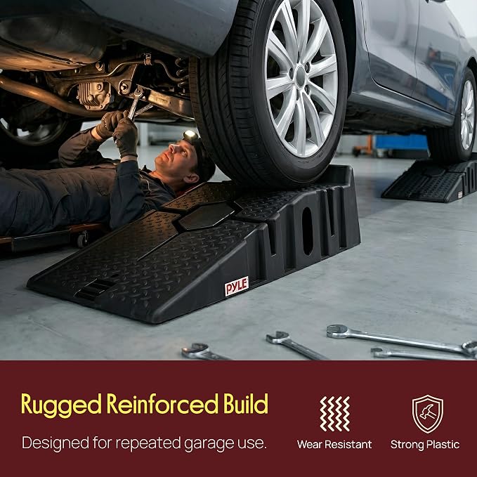 Pyle Heavy Duty Vehicle Ramps | 13000 lb Capacity Car Ramps for Low Clearance Vehicles with 6.3 Inch Lift and 17° Incline | Portable Non-Skid Car Ramps for Oil Changes, 2-Pack, Black.