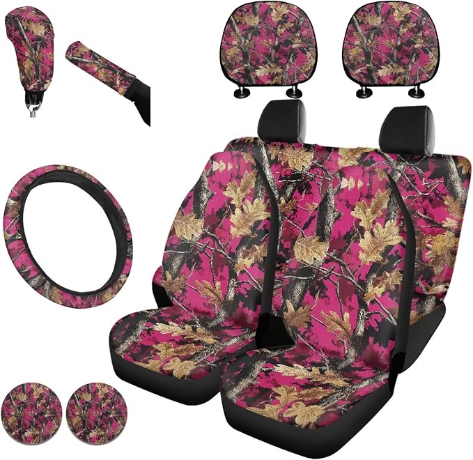 KEIAHUAN Pink Camo Hunting 11 Piece Car Seat Covers Full Set for Women Include Steering Wheel Cover Car Coasters Handbrake and Gear Shift Knob Cover/Headrest Cover for Sedan Truck Van