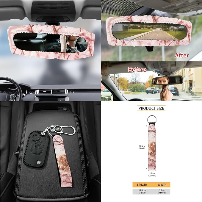 Highland Cattle Cherry Blossom Print 15 Pack Car Seat Covers Set with Steering Wheel Cover Seatbelt Strap Cover Rearview Mirror Covers Cup Coasters Air Vent Storage Bag Trash Bag Key Chain