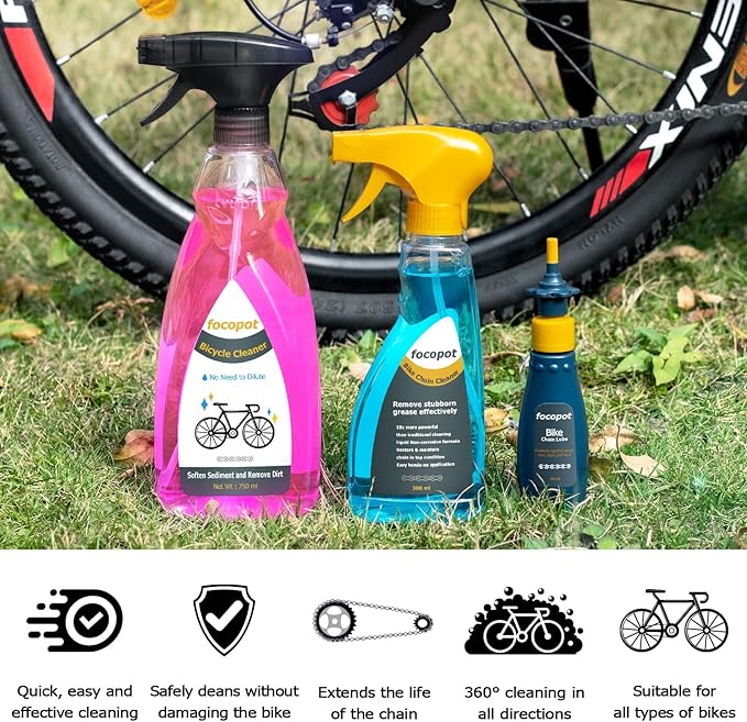 focopot Bike Chain Cleaner Kit with Bicycle Cleaner(25 oz),Degreaser(10 oz),Oil Lubricant(2 oz),Cleaning Brush Tool,Bike Chain Cleaning kit to Clean and Lube Mountain/Road/MT/E Bike