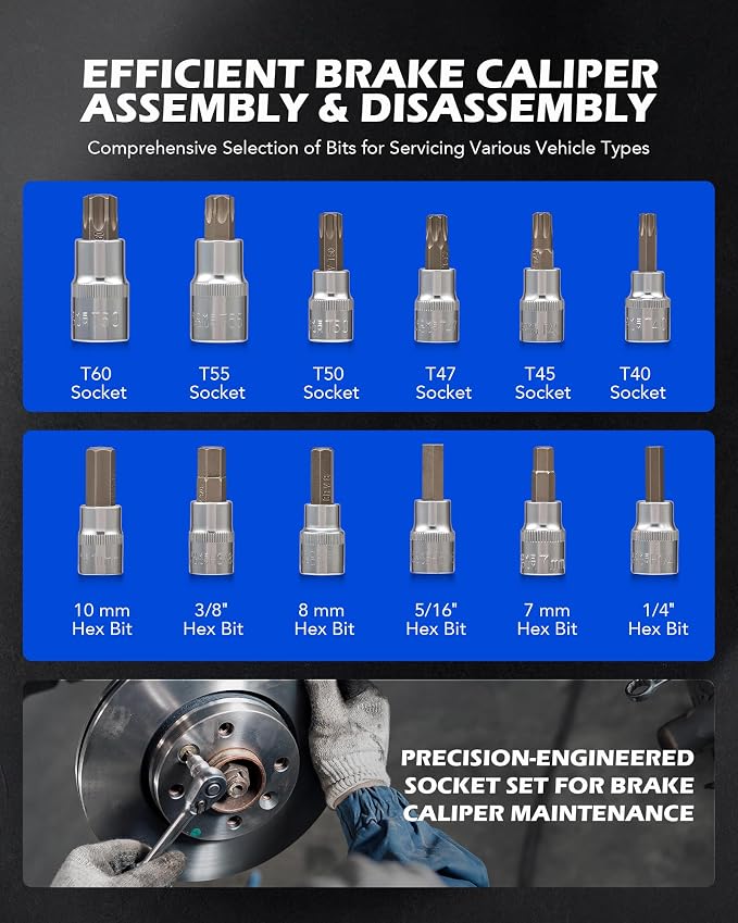 Orion Motor Tech XZN Triple Square Spline Bit Sockets & 34pc Brake Caliper Tool Set, Bundle