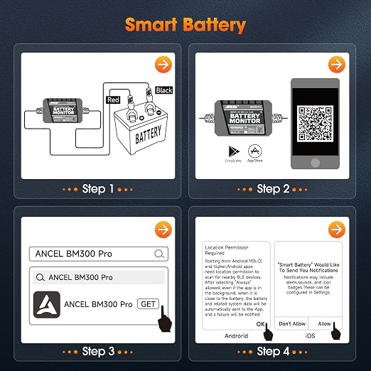 ANCEL BM300 Pro Battery Monitor - 6V/12V/24V Universal with Bluetooth 5.3 & Reinforced Design, Charging & Cranking Tests, Real-Time Alerts for Lead-Acid & Lithium Batteries in RV, Truck, Marine & More