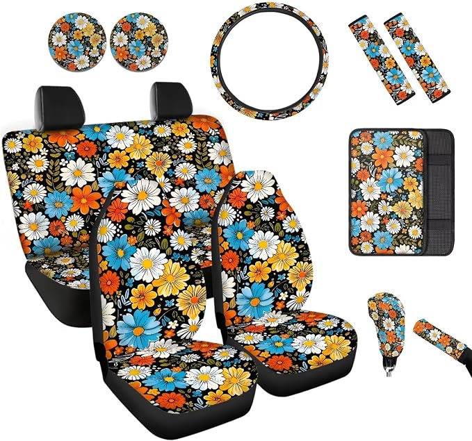 BIGCARJOB Hippie Daisy Print Car Seat Cover Set of 12 Pieces Stylish Daisy Print Car Accessories Set with Seat Belt Cover,Armrest Pads,Cup Holder Coaster,Universal Steering Wheel Covers