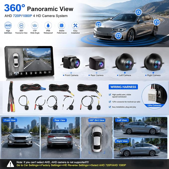 Car AHD 720P/1080P 360° Panoramic System Reversing Camera Set for Android Auto Radio High-Definition Camera