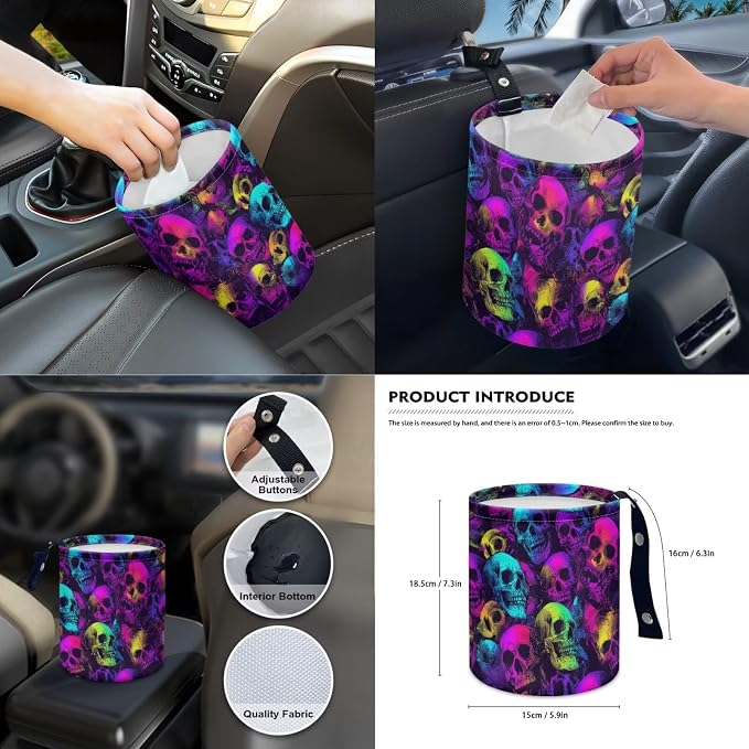 Skull Print 14Pcs Full Set Car Seat Covers with Accessories, High Back Car Front and Rear Seat Covers with Steering Wheel Cover Center Console Pad and Safety Belt Pads, etc