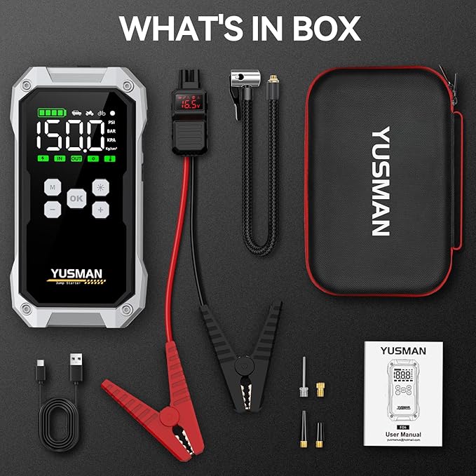 Car Jump Starter with Air Compressor, 8000A 150PSI Jump Starter Pack (All Gas/10.0L Diesel), 12V Battery Jump Starter with Display, Smart Jumper Cables, 2 LED Light