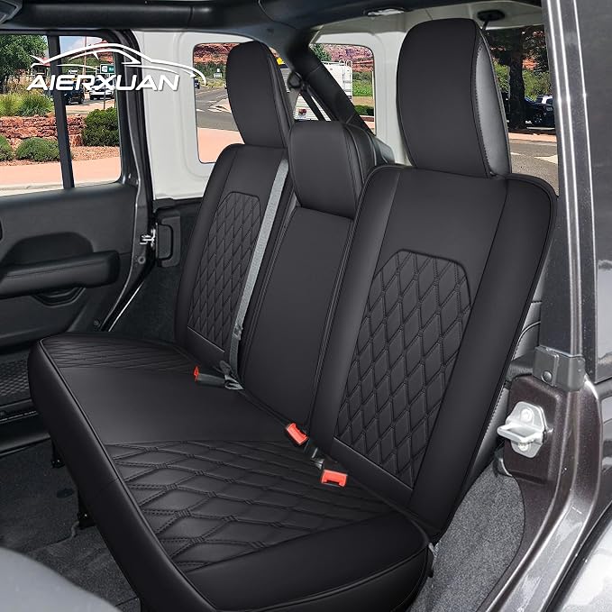 Aierxuan Jeep Wrangler JK JL 4-Door Back Seat Covers Custom Fit 2007-2026 Unlimited Rubicon 392 Sahara Willys Sport High Altitude 4X4 Truck Pickup Waterproof Leather (Rear Seat/Black1)
