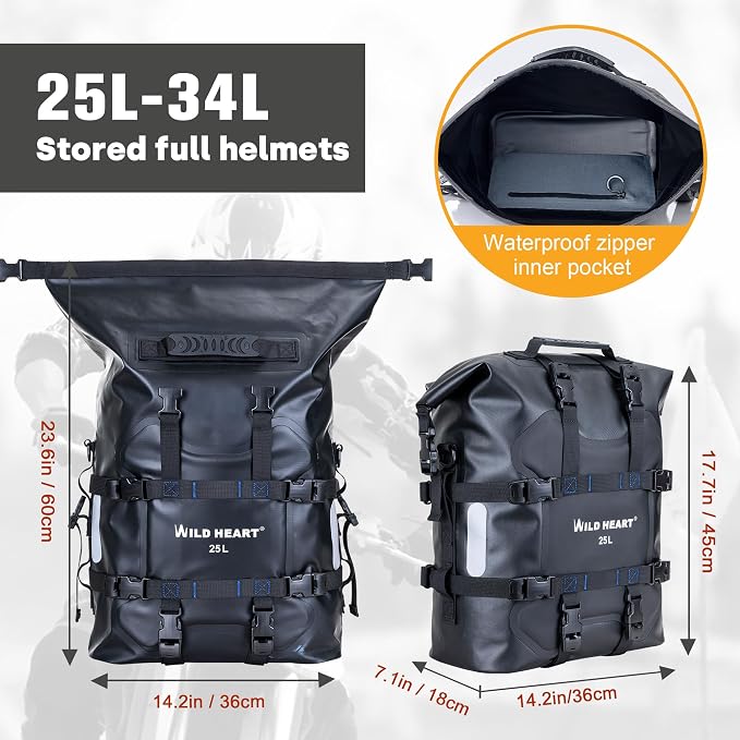 WILD HEART Motorcycle side bag stainless steel suspension waterproof bag Saddlebags 20L/25L waterproof Pianner Bag wear-resistant general-purpose Bike accessories (Black TPU, 25L One Pack)