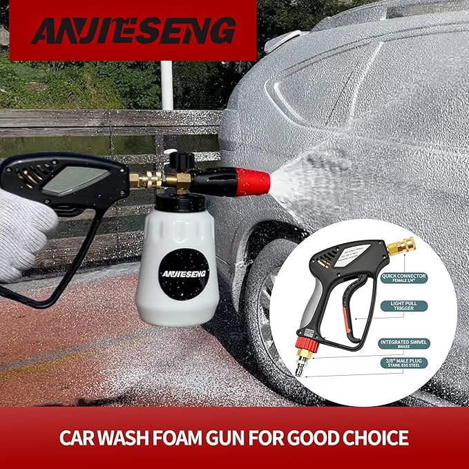 Stubby Pressure Washer Gun with 360° Swivel, 5000 PSI Short Power Washer Gun, 3/8" Quick Connect & M22-14 Fitting, Pressure Washer Spray Gun for Foam Cannon, Car Washing & Detailing
