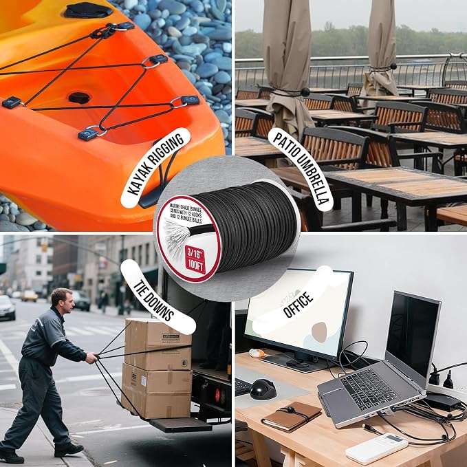 Marine Grade Heavy Duty Bungee Cord Roll with 12 Hooks 12 Bungee Balls- Black Elastic Shock Cord for Kayak Deck, Outdoor Camping, Tarp Tie Downs, Bike Rack, DIY Assorted Bungee Ropes (3/16" x 100ft)