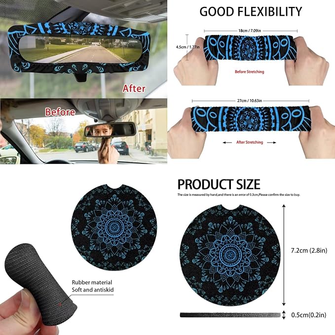 Blue Mandala Floral Car Accessories Car Seats Cover Protector, Steering Wheel Covers, Seatbelt Cover, Car Trash Can, Cup Coasters, Rearview Mirror Cover, Keychains, Pack of 15
