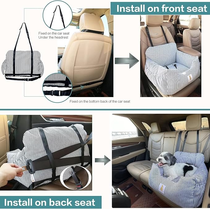 Dog Car Seat for Small Dogs,Fully Detachable and Washable Puppy Dog Booster Seats with Storage Pockets and Clip-On Safety Leash,Non-Slip Base Dog Bed Dual-use for Car and Home (Blue)