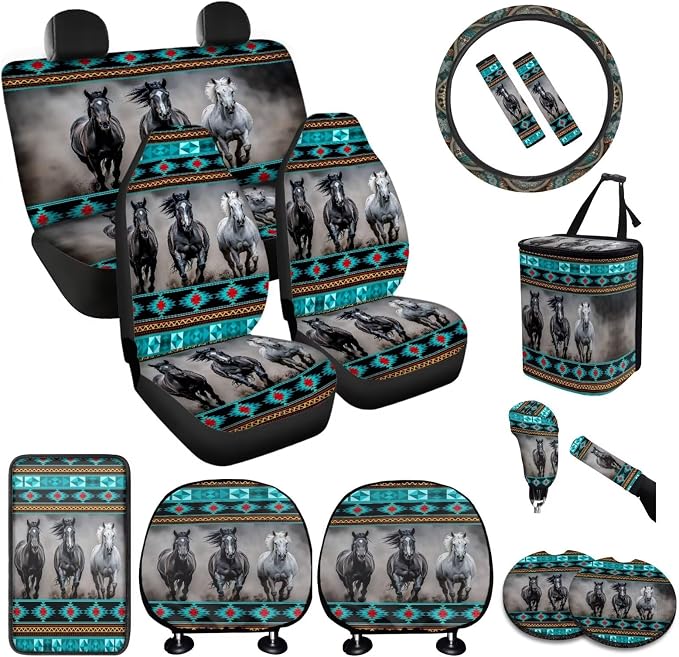 BIGCARJOB Tribal Horse Car Seat Covers Full Set for Auto Interior Accessories 15-Pack Seat Protector Set Animal Horse Car Headrest Cover