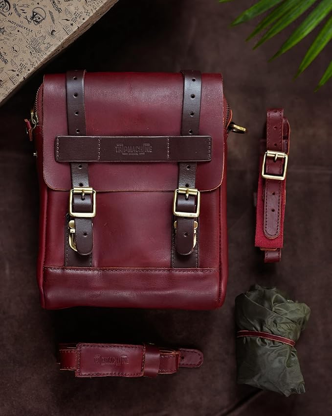 Trip Machine Company Genuine Leather Motorcycle Magnetic Fuel Tank & Tail Pillion Seat Mount Bag with Shoulder Strap and Rain Cover (Cherry Red)