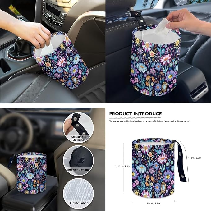 15 Pcs Hippie Floral Car Seat Cover Full Set for Women with Car Steering Wheel Cover Seat Belt Cover Trash Bin Front Rear View Mirror Car Cup Holder Keychain