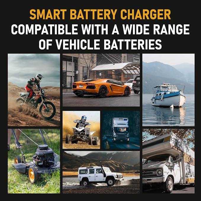 PZP 15-Amp 12V/24V Smart Battery Charger, Maintainer & Trickle Charger for LiFePO4, Lead Acid Batteries - Fully Automatic 9-Stage Charging w/Temp Compensation for Motorcycle Car Truck Lawnmower Boat