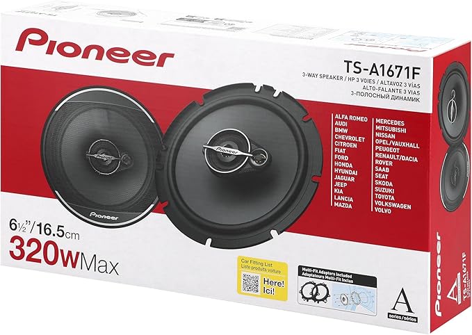 PIONEER A-Series Standard TS-A1671F 6.5” 3-Way Speakers (Pair) – 320W Max, Balanced Sound + Smooth Treble, Enhanced Bass, Ideal Factory Upgrade, Installation Adaptors Included