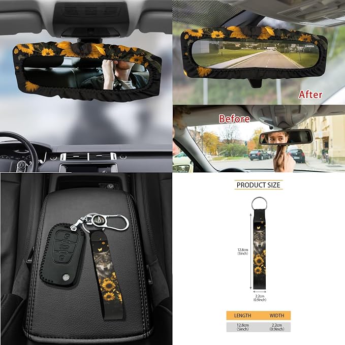 Wolf Sunflower Butterfly Print 15 Pack Car Seat Cover Set with Steering Wheel Covers Seatbelt Strap Pad Garbage Cans Rear View Mirror Cover Coasters Key Chain Universal Fit